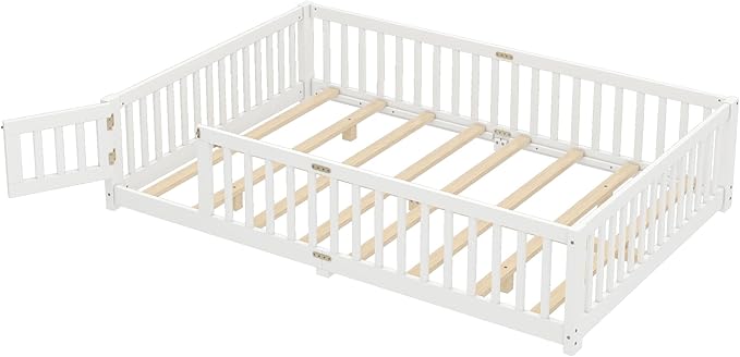 Bellemave Queen Size Floor Bed for Kids, Girls, Boys, Wood Floor Bed with slats and Door, White