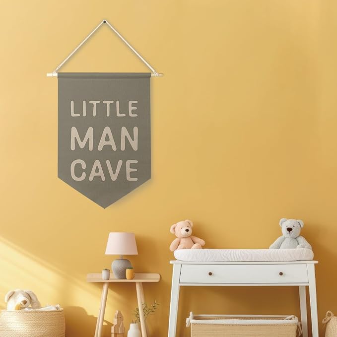 Qpenm Little Man Cave Hanging Wall Canvas Banner, Kids Playroom Hanging Pennant Flag Prints,Sage Green Nursery Boy Wall Decor, Baby Boy Wall Art 12x18in