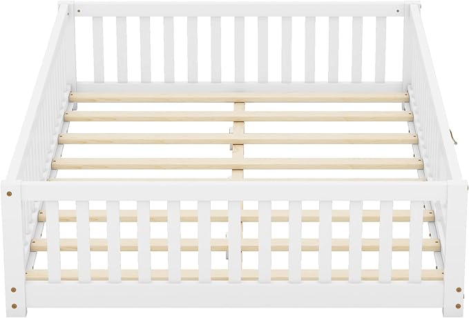 Full Size Floor Bed with Fence and Lockable Door, Wood Montessori Bed Frame with Slat Support for Kids,Boys,Girls,Easy Assembly, White
