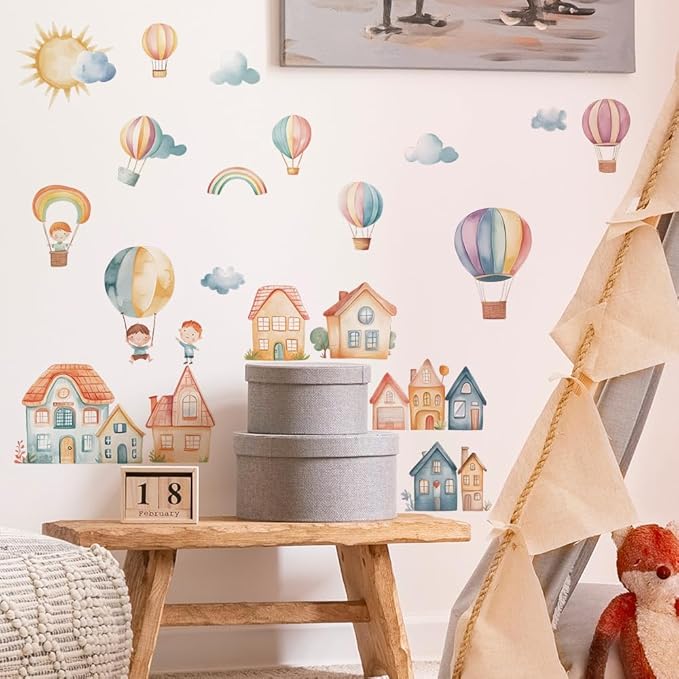 Cartoon City Wall Decals, Whimsical Hot Air Balloons, Houses, Animals, Rainbow, Sun, Clouds Design, Removable Vinyl Stickers for Kids Room, Nursery, Bedroom, Playroom Decor (Colorful-03)