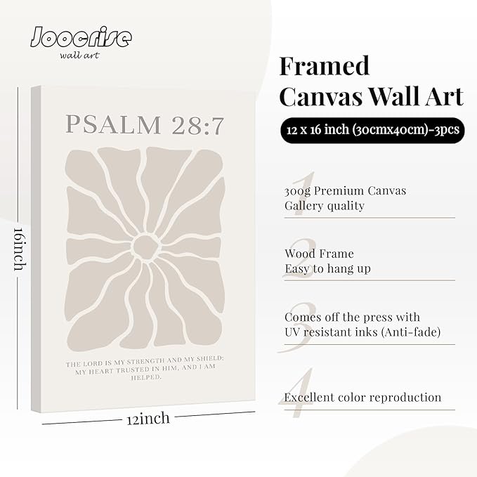 Scripture Christian Wall Art Set of 3 Beige Bible Verses Wall Decor Neutral Psalm Canvas Wall Art Modern Pictures Flower Prints Christian Artwork for Living Room Bedroom 12x16 Inch Ready to Hang