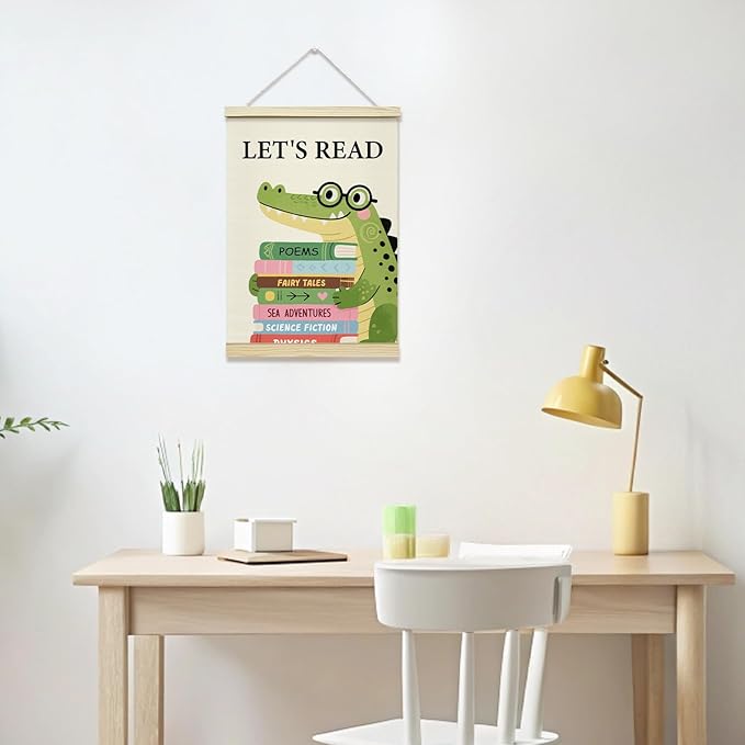 TRKAE Let’s Read Canvas Poster Hanger Frame, Crocodile Animals Learning Wall Art for Kids, Reading Wall Decor for Classroom Nursery Playroom Bedroom -035