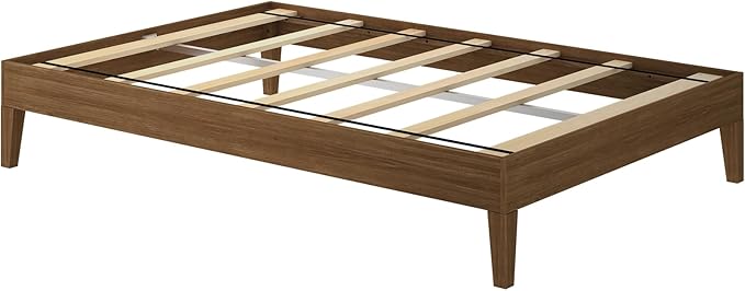 Max & Lily Fundamental Full Platform Bed Frame, Kids Modern Solid Wood Bed, Strong Wooden Slats, Non-Toxic Finishes, Matte Walnut