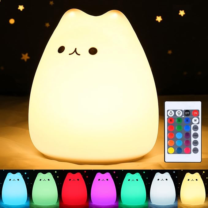 ZKLiLi Remote Cat Night Light, Cute Nursery Lights USB Rechargeable Cat Lamp Nightlight Birthday Christmas Gift with Warm White and 7-Color Breathing Modes for Kids Baby Children (Remote Control)