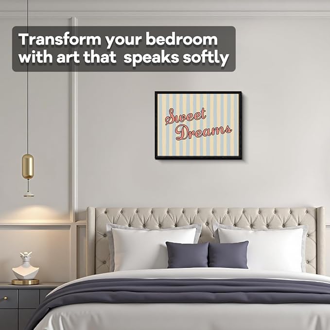 Sweet Dreams Quote Wall Art, bedtime wish message, nursery pastel wall decor, matte finish framed canvas print, nursery poster artwork, for kids room birthday gift, 15x12 inch