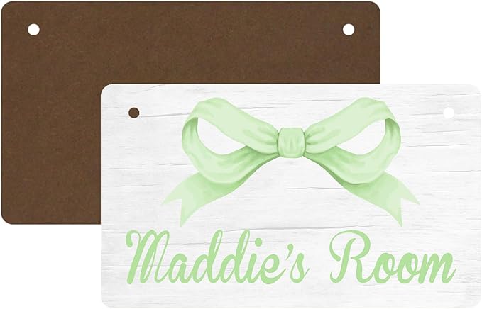 Personalized Green Bow Kids Room Door Sign Custom Name Girls Boys Bedroom Decor Toddler Baby Nursery Wood Art Wall Plaque 12x6 Inches