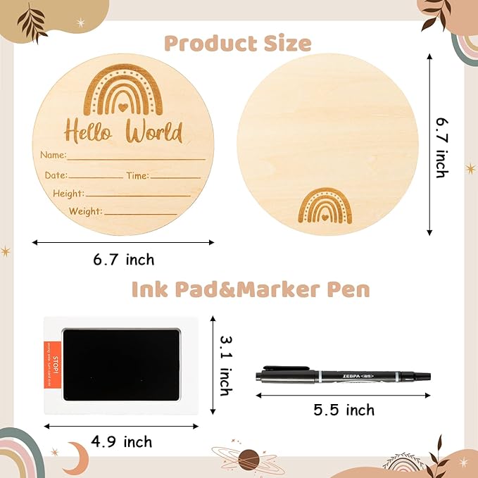 R HORSE Baby Birth Announcement Sign with Marker Pen, Boho Rainbow Baby Name Sign with Ink Pad for Hand and Footprints, Wooden Hello World Newborn Announcement Nursery Decor Keepsake Gifts