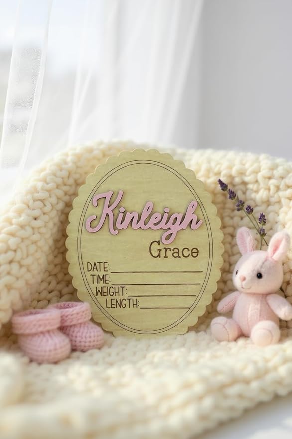 Personalized 3D Baby Name Sign with Floral Design, Scallop Engraved Birth Announcement Plaque, Baby Shower - Newborn Keepsake (Stat Sign)
