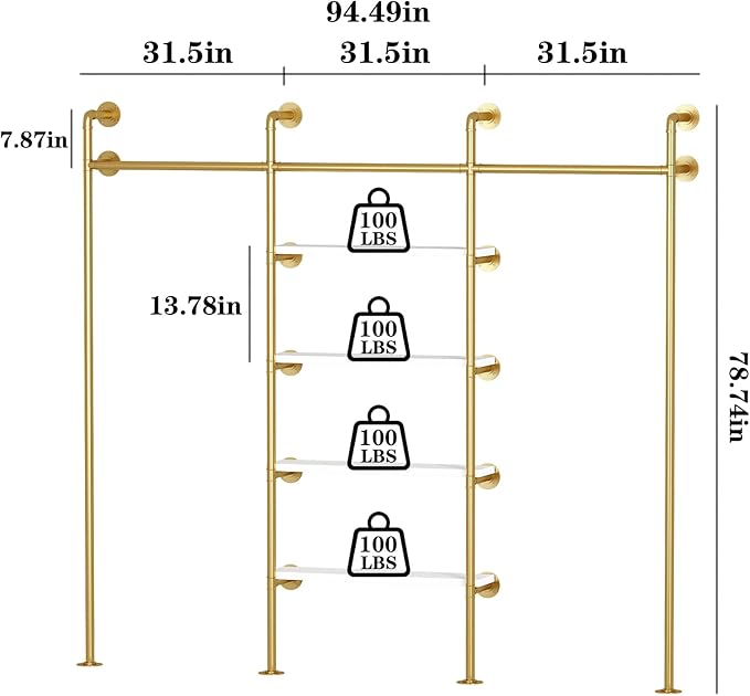 Industrial Pipe Clothing Rack, Wall Mounted Clothes Rack Gold Clothing Rack with Shelves Clothes Hanging Shelf-94.5''L Gold