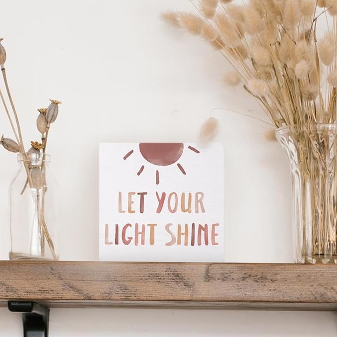 Boho Neutral Baby Girl Boy Nursery Decor - Let Your Light Shine Christian Wood Box Sign Desk Decor, Toddler Girl Room Decor, Christian Desk Decor Bible Verse Decor, 5x5