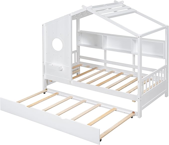 Merax Wood Multifunctional Daybed with Trundle/Storage Shelf, House Low Day Bed for Kids, Space Saving, Easy Assemble White