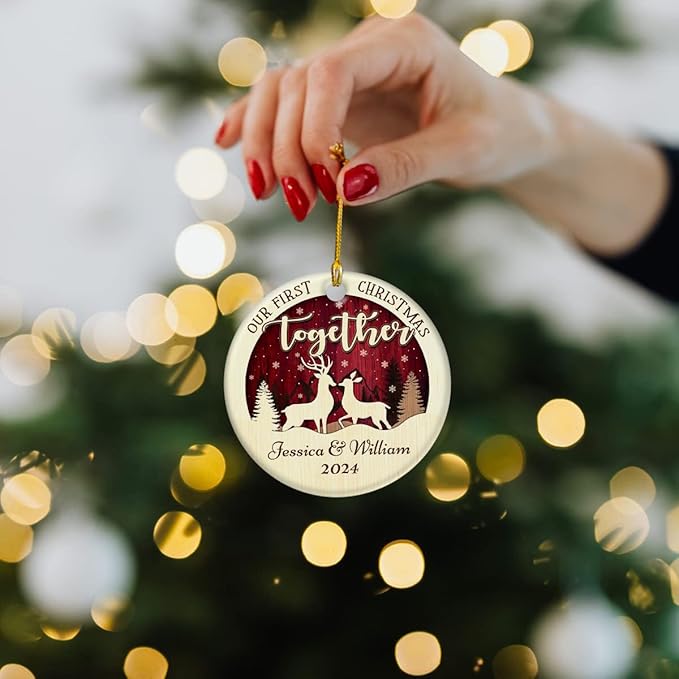 wowcugi Personalized First Christmas Together Ornament Personalized Reindeer Couple Ceramic Ornaments Engagement Ornament Wedding Keepsake Gifts for Newlywed Xmas Tree Decorations