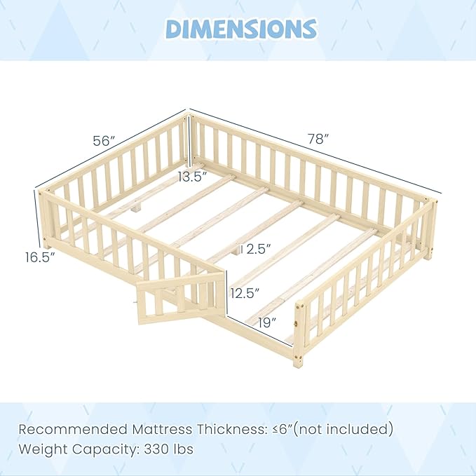 Giantex Full Floor Bed with Fence for Kids, Montessori Bed Frame with Door and Safety Guardrails, Solid Wood Floor BedsFull with Slats Support for Kids Boys Girls, Natural