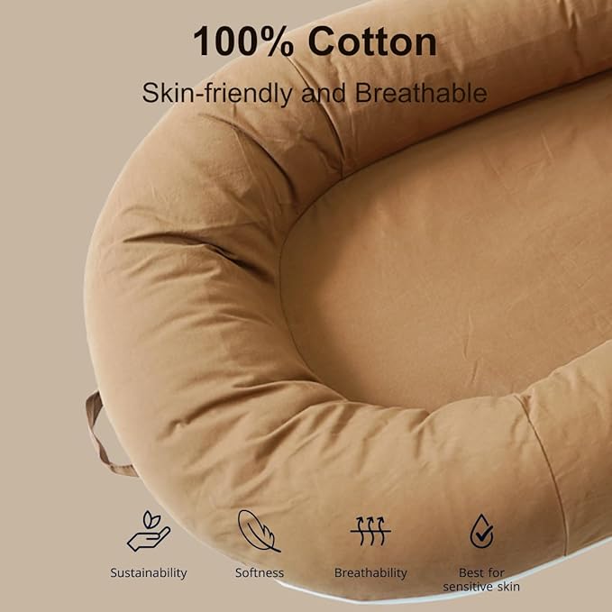 CooCooBaby Deluxe Infant Lounger, Baby Nest Cover for Baby Girls & Boys, Newborn Essentials for Baby 0-12 Months, 100% Cotton (GoldenBrown)