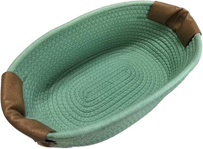 Medium Cotton Woven Basket with PU Leather Handle, Baby Clothes Toys Candy Gifts Cotton Rope Organizer, Living Room Basket Bathroom Shower Storage Laundry Basket, Dog Cat Bed, Cute Decor, Green