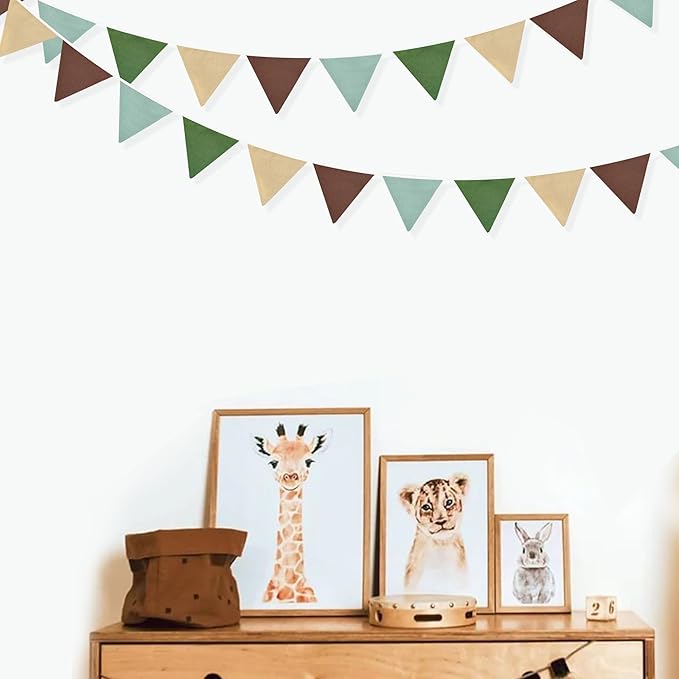 2 Sets of Green Brown Beige Pennant Banner 24Pcs Nursery Garland Flags Fabric Triangle Bunting Streamers for Kids Jungle Summer Woodland Camping Birthday Baby Shower Party Decorations Baby Room Decor