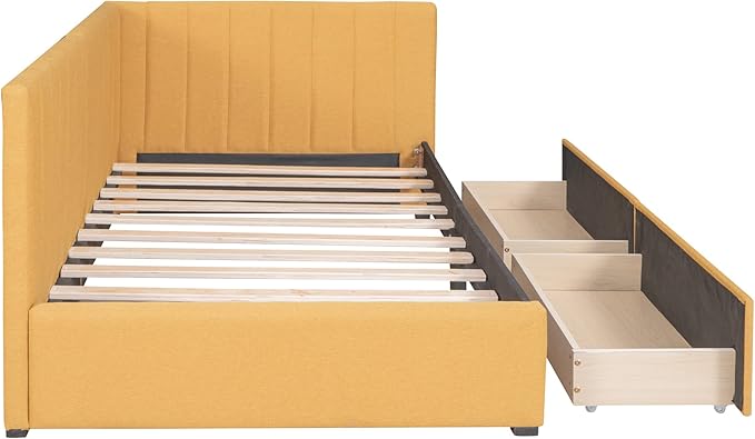 Harper & Bright Designs Upholstered Daybed with 2 Storage Drawers Twin Size Sofa Bed Frame No Box Spring Needed, Linen Fabric (Yellow)