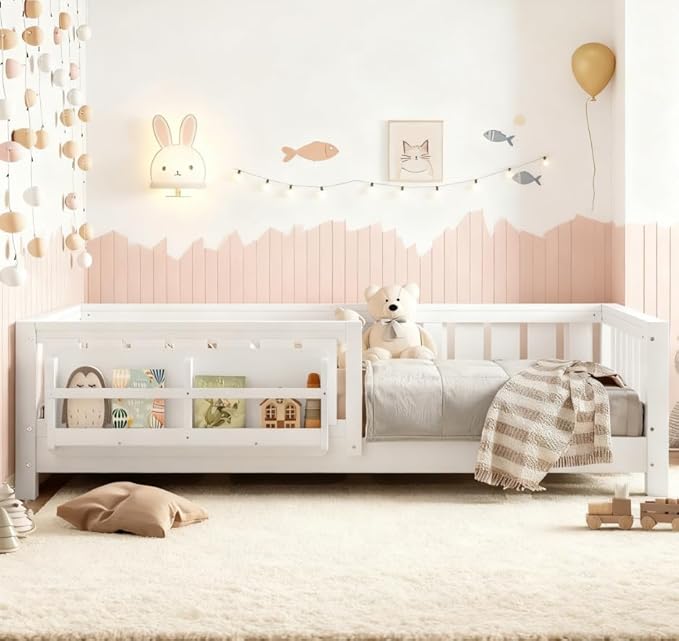 Bellemave Twin Size Floor Bed with high Rails and with Built-in Bookshelf for Kids, Girls, Boys, Wood Montessori Floor Bed Without Door, White