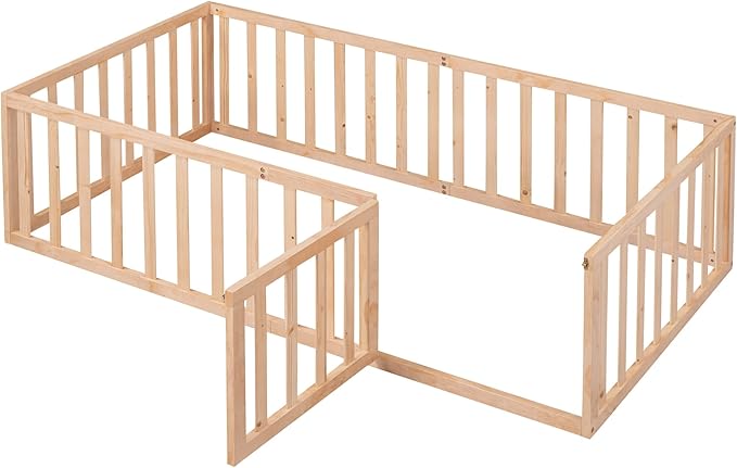 Merax Twin Floor Bed with Safety Guardrails and Door, Wood Montessori Floor Bed Frame for Kids, Twin Playhouse Bed Frame for Baby Girls and Boys, Natural