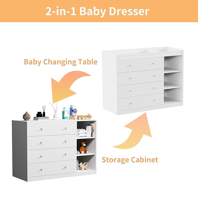 47.2" White Nursery Dresser with 5 Drawers and 3 Open Shelves Changing Table Dresser with Changing Table Top Diaper Changing Station with Storage for Nursery Children's Room
