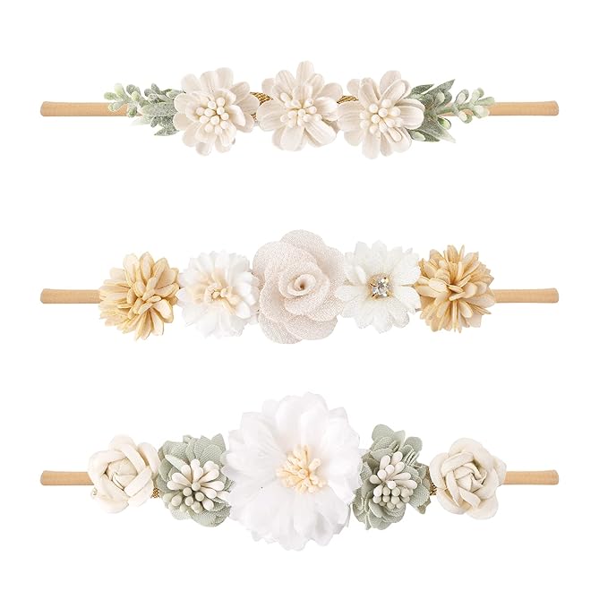 Baby Girl Floral Headband Nylon Flower Crown Elastic Hairband 3pcs Hair Accessories Gift for Girls (32#)