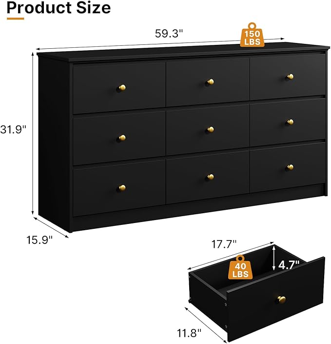 9 Drawer Dresser for Bedroom, 59" Wide Black Chest of Drawers, Wooden Dresser with 9 Drawers with Ample Storage, Modern Storage Organizer for Hallway,Nursery