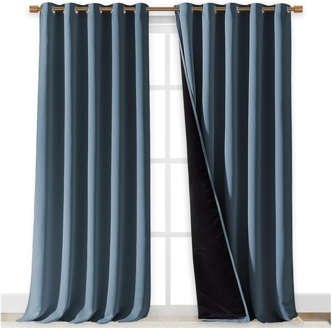 NICETOWN Full Shading Curtains for Windows, Smoky Blue, Pack of 2, 70 inches W x 95 inches L, Super Heavy-Duty Black Lined Blackout Curtains for Bedroom, Privacy Assured Window Treatment