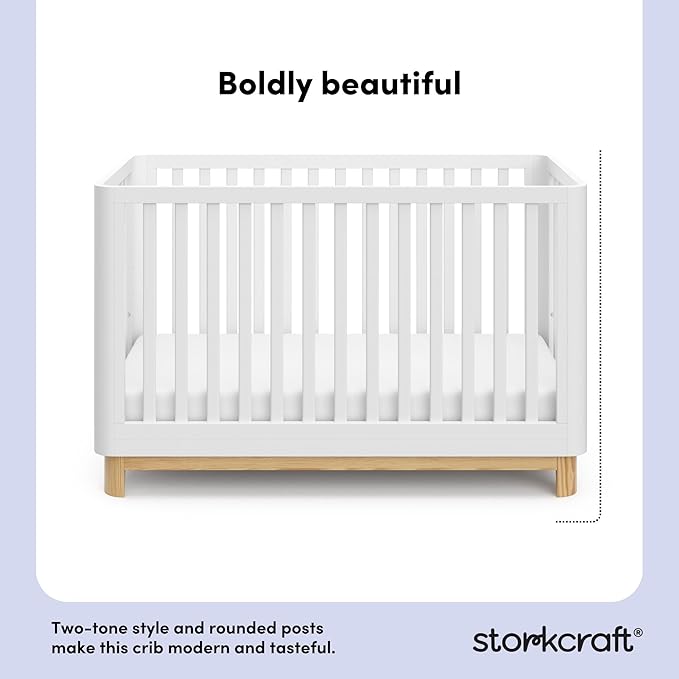 Storkcraft Santos 3-in-1 Convertible Crib (White with Natural) – GREENGUARD Gold Certified, Fits Standard Crib Mattress, Converts to Toddler Bed, Modern Style, Rounded Designer Details