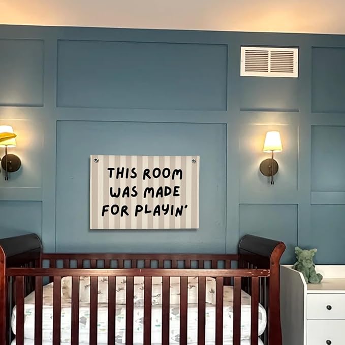 Playroom Decor, Long Live Playtime Wall Hanging Linen Banner, Blue Striped Wall Flag for Kids Room Nursery Playroom Decor, 20x30 Inch-This Room