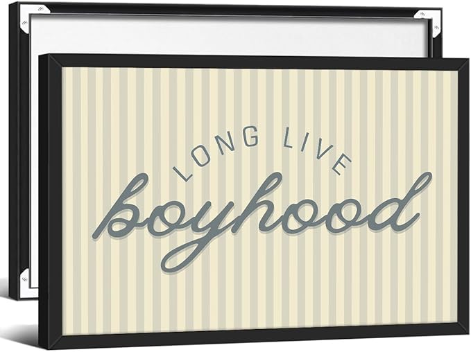 Long Live Boyhood Quote Wall Art Preppy Blue Stripe Poster 16x24 inch Black Framed Modern Fashion Minimalist Canvas Prints for Boy Nursery Bedroom Wall Decor