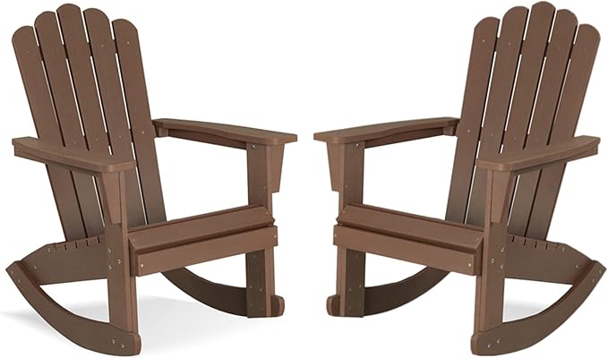 Psilvam Outdoor Adirondack Patio Rocking Chair, Poly Lumber Porch Rocker with High Back, Outdoor Rocking Chairs Set of 2 (Brown)