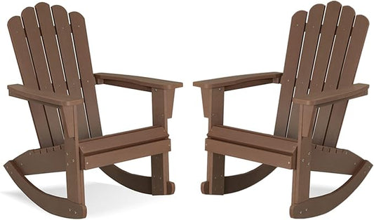Psilvam Outdoor Adirondack Patio Rocking Chair, Poly Lumber Porch Rocker with High Back, Outdoor Rocking Chairs Set of 2 (Brown)