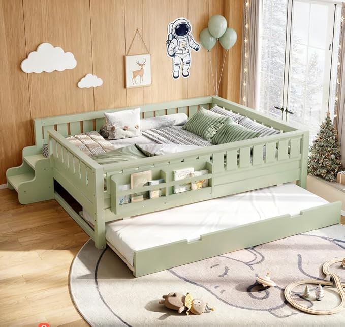 Bellemave Full Size Kids Bed with high Rails and with Built-in Bookshelf and Trundle for Kids, Girls, Boys, Wood Montessori Bed Without Door, Avocado Green