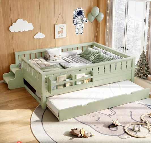Bellemave Full Size Kids Bed with high Rails and with Built-in Bookshelf and Trundle for Kids, Girls, Boys, Wood Montessori Bed Without Door, Avocado Green