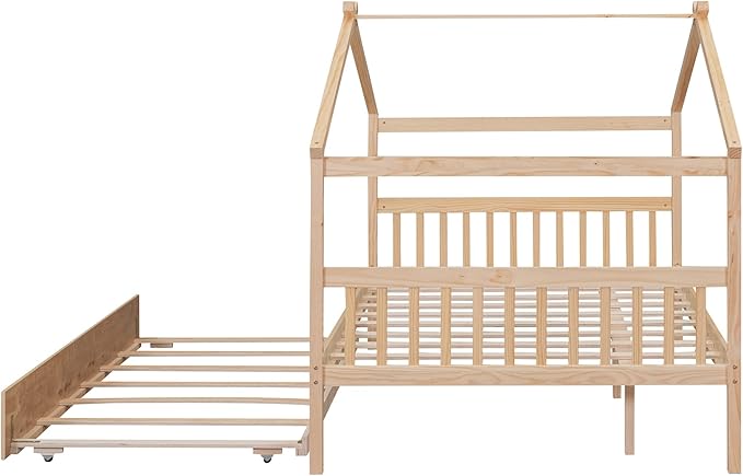Merax Full Size Wooden House Bed with Trundle, Wood Bed Frame with Roof for Kids, Teens, Boys or Girls, Natural