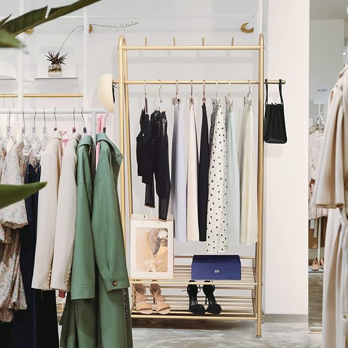 Gold Clothing Rack Freestanding Industrial Garment Rack with Double Shelves Heavy Duty Metal Modern Clothes Rack Stand Multi-functional Coat Hanger Rack Stand for Boutiques Bedroom