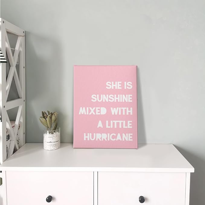 PHAMTE Girls Bedroom Wall Decor,She Is Sunshine Mixed With a Little Hurricane Girls Room Wall Art,Sunshine Print Framed Canvas Painting Artwork Girl Room Bedroom Home Nursery Playroom(11x14 Inch)（Pink）
