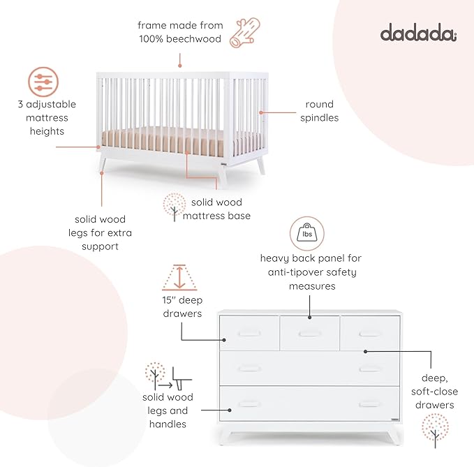 dadada Soho Baby Nursery Furniture Set. Baby Crib and Dresser Set Combo. Soho 3 in 1 Convertible Crib and 5 Drawer Nursery Dresser. White Beechwood