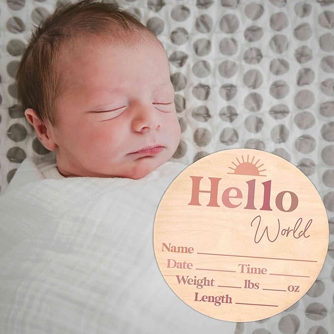 Hello World Newborn Sign - Baby Name Birth Announcement Plaque for Hospital - Photo Prop - Nursery Decor - Shower Gift