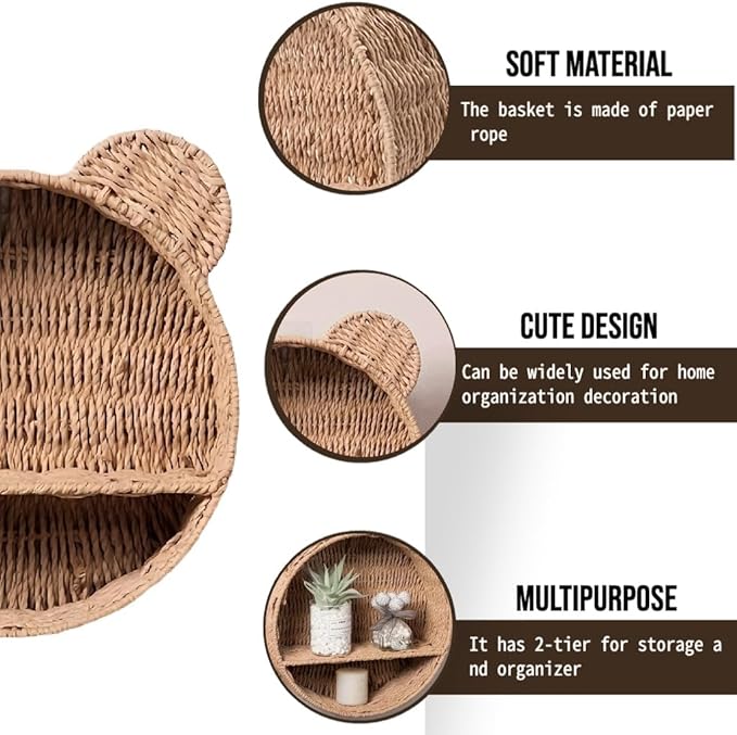 Bear-Shaped Wicker Wall Shelf – Handmade Woven Nursery Bookshelf for Kids Room, Boho Wall-Mounted Storage Organizer for Toys, Books & Décor