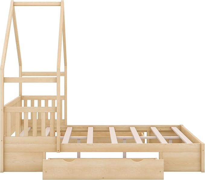 Wood Queen Size House Platform Bed with Safety Fence, Montessori Platform Bed with House Shape Headboard and 2 Drawers for Kids Boys Girls, Sturdy Slats Support (Natural-Q)