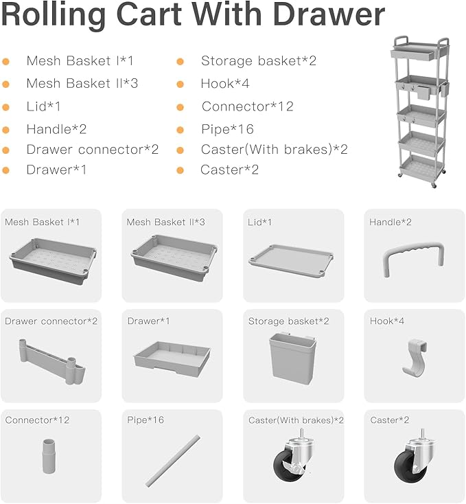 5 Tier Rolling Utility Cart with Drawer,REBECAT Utility Cart Made of Multifunctional Storage Organizer Tool for Kitchen,Bathroom,Living Room,Office(Gray)