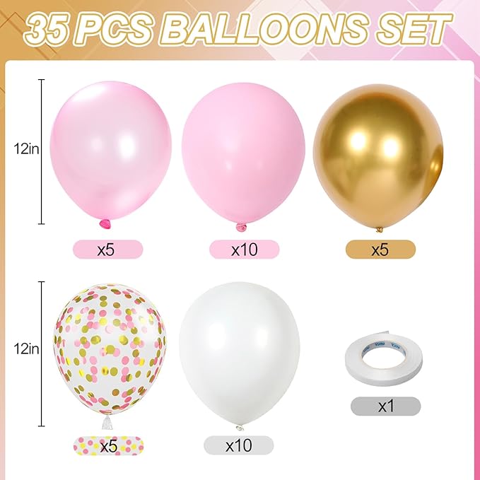 Pink and Gold Balloons, 12 Inch Light Baby Pink White and Gold Confetti Balloons for Girls Princess Birthday Baby Shower Bridal Shower Wedding Graduation Party Decoration