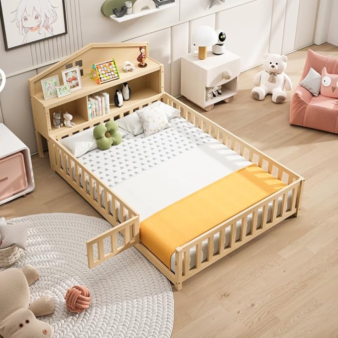 Bellemave Full Size Floor Bed for Kids, Girls, Boys, Solid Wood Montessori Bed with Storage headboard, Door, Storage,Natural