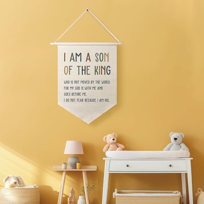 Qpenm I Am a Son of the King Hanging Wall Canvas Banner, Encourage Quote Hanging Pennant Flag Prints, Boys Bedroom Banner, Nursery Wall Hanging poster&prints