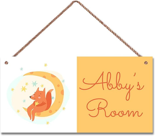 Personalized Custom Name Fox Sign Moon Art Decor for Kids Room, Nursery Art Plate, Boys Room, Girls Bedroom, Little Man Cave, 5*10inch Tin, Wood Wall Mount Rustic Sign