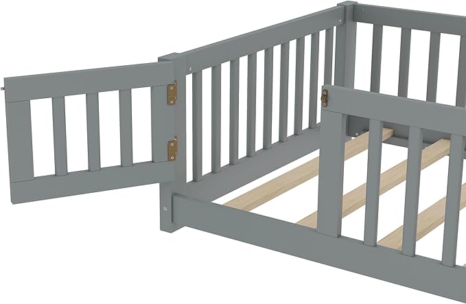 Bellemave Twin Size Floor Bed with Rails for Kids, Girls, Boys, Pine,Plywood Floor Bed with slats and Door, Grey
