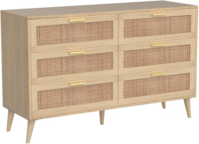 Rovaurx 6 Drawer Double Dresser for Bedroom, Rattan Chest of Dressers, Modern Wooden Dresser Chest with Golden Handles, Beside Table for Closet, Living Room and Entryway, Natural