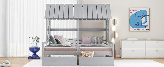Harper & Bright Designs Twin Size House Platform Beds with Two Drawers for Boy and Girl Shared Beds, Combination of 2 Side by Side Twin Size Beds, Gray