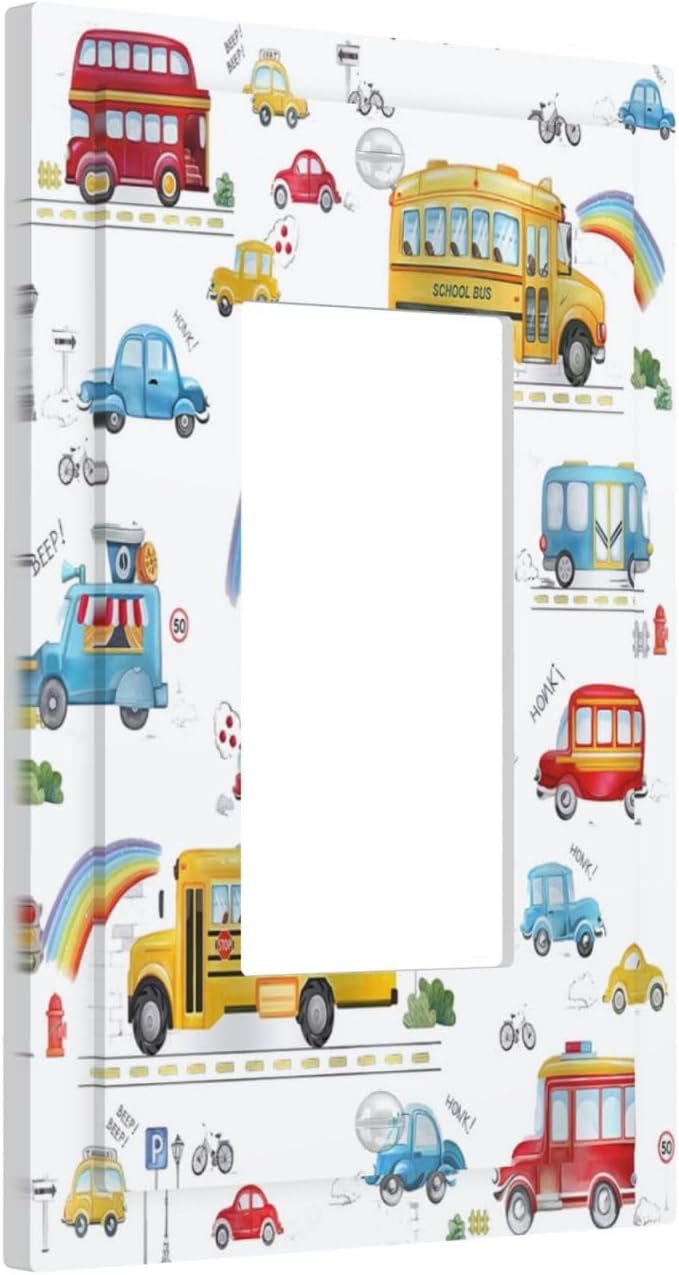 Kids Bus Taxi Truck Single Rocker Light Switch Covers 1 Gang Outlet Cover Wall Plate Decorative GFCI Switchplate Faceplate for Nursery Kidsroom Bedroom Decor